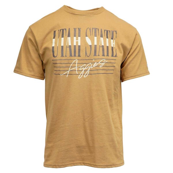 A t-shirt with Utah State Aggies written on it with the Aggies in lines.